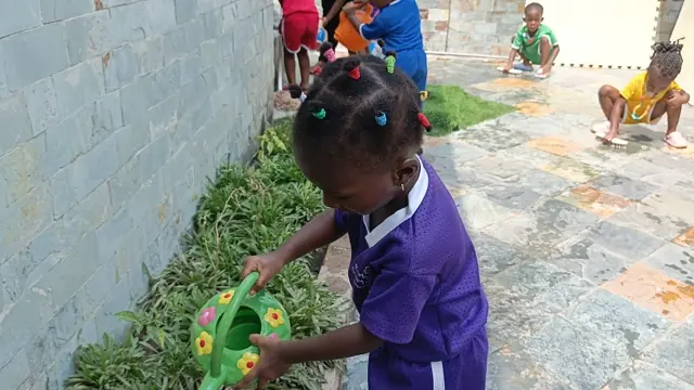 A girl watering plants in the school garden